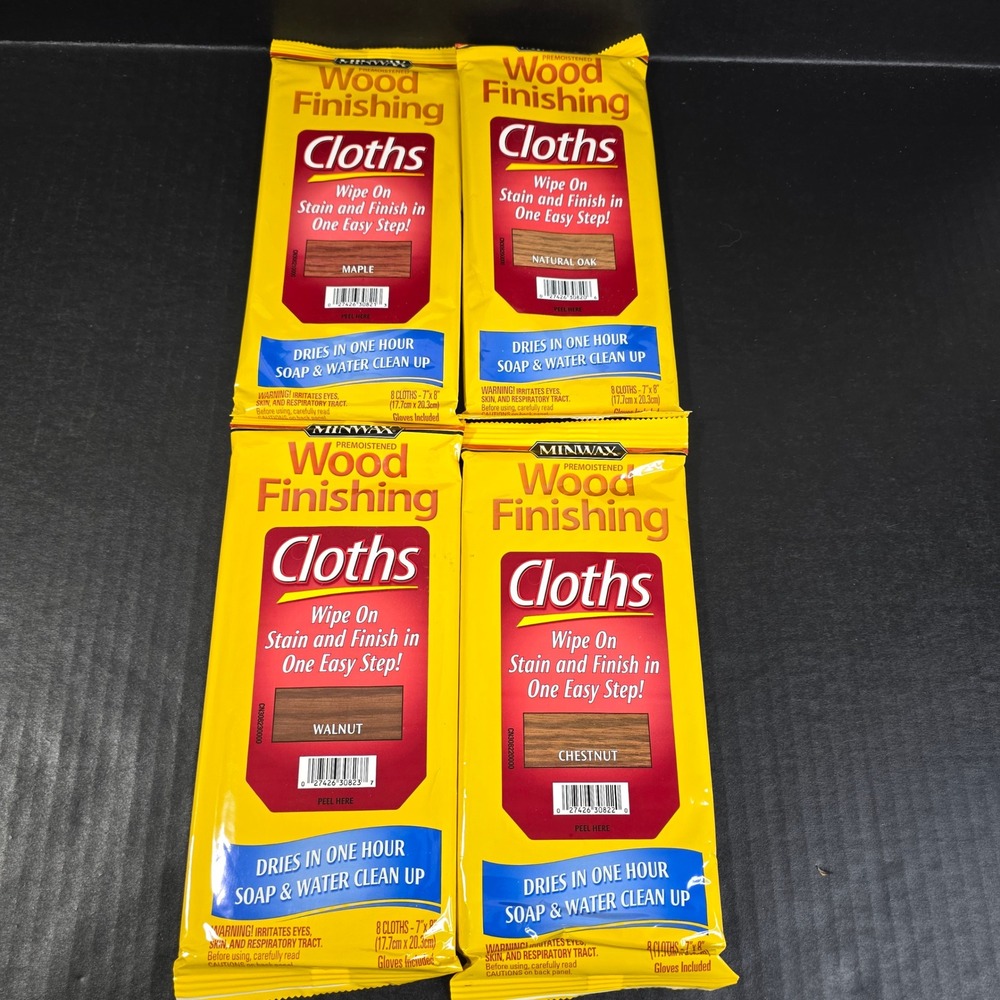 Minwax Wood Finishing Stain Cloths Lot 4 Maple Natural Oak Walnut Chestnut 32ct
